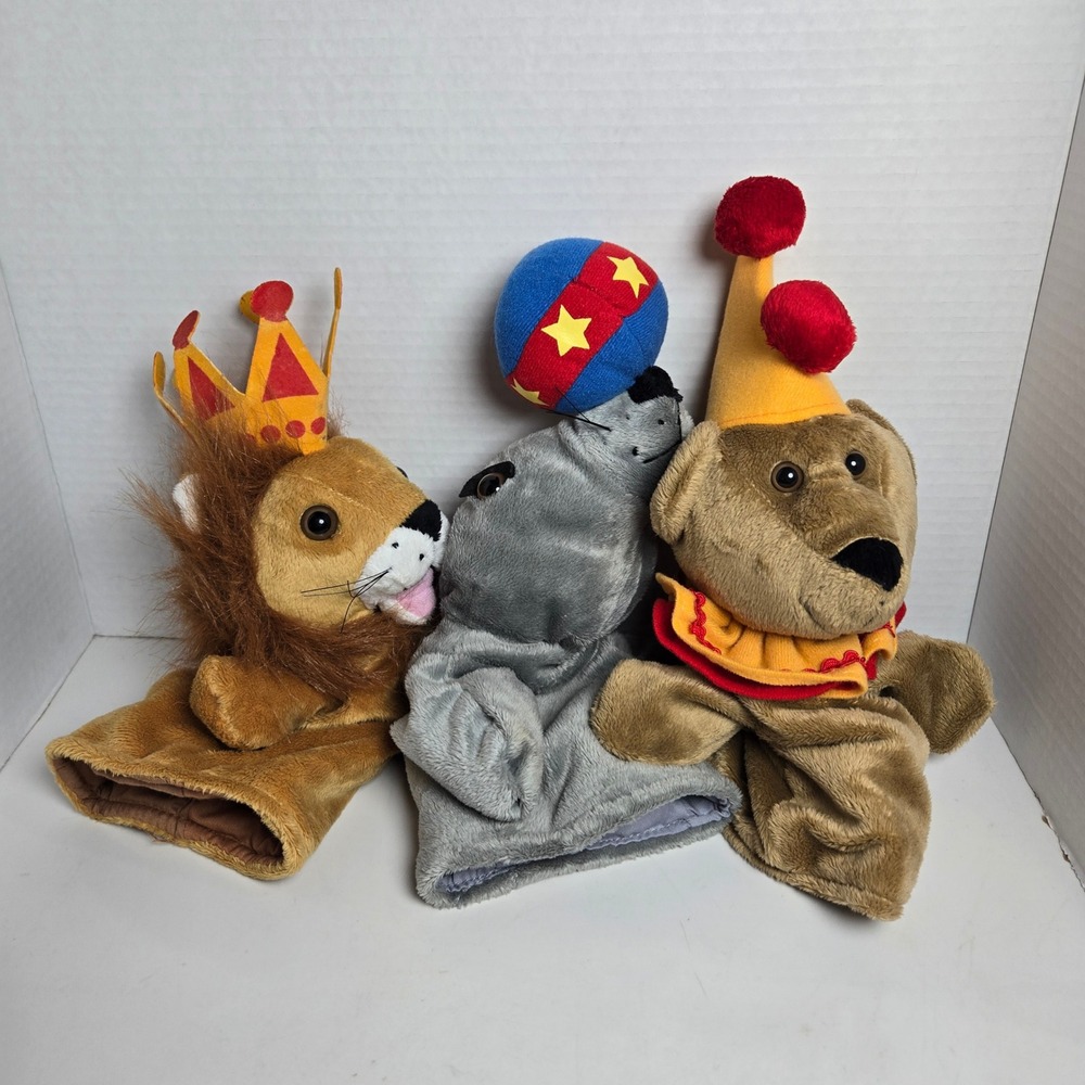 Restoration Hardware Circus Hand Puppets Lion Seal Bear Lot of 3 Plush Toy